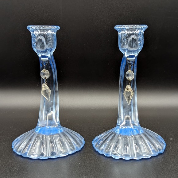 Pair Of Cambridge Glass Blue Caprice Candle Holders Art Deco Elegant Glass 7.5" - Picture 8 of 12